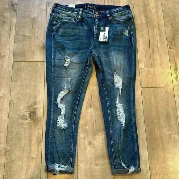 4/$25 NWT Rue21 Mid Rise Ankle Jeggings Blue Distressed Double Roll Plus Sizes - Picture 3 of 12
